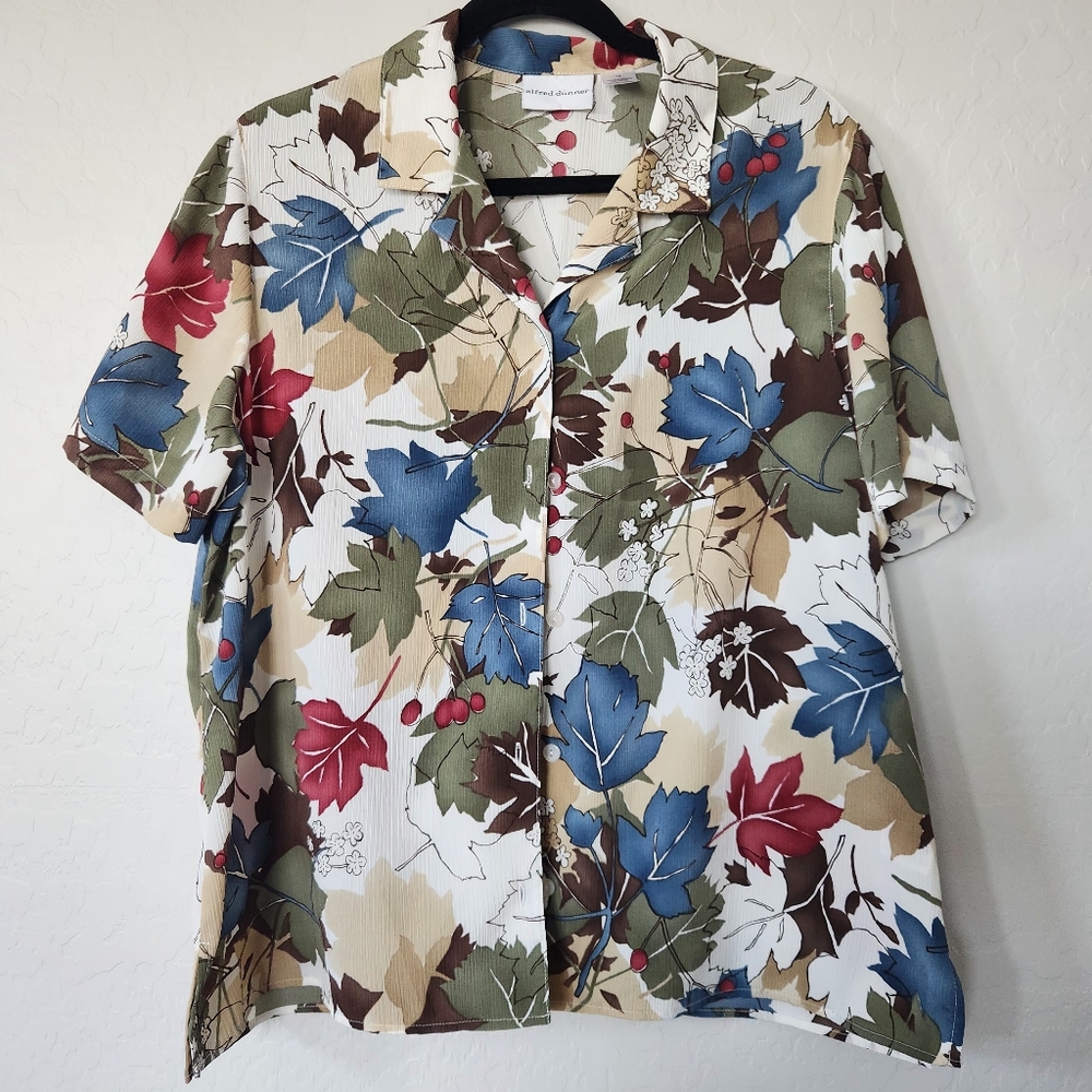 Alfred Dunner Blouse Top 16 Floral Leaf Button Up Short Sleeve Collar Crepe